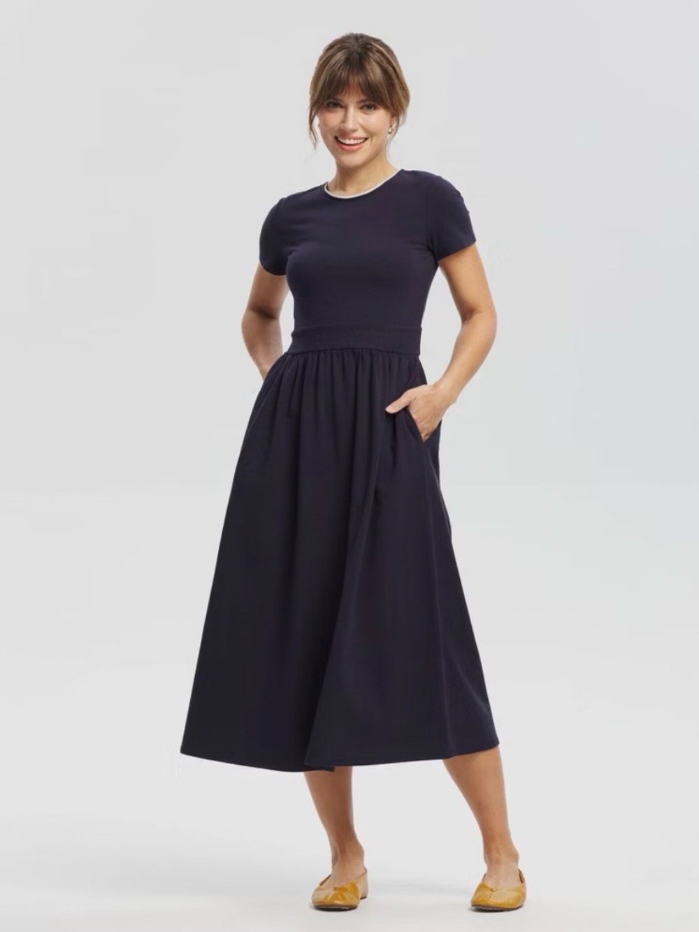 Universal Thread Women's Short Sleeve Lace Trim Knit Dress Cotton Side Pockets L